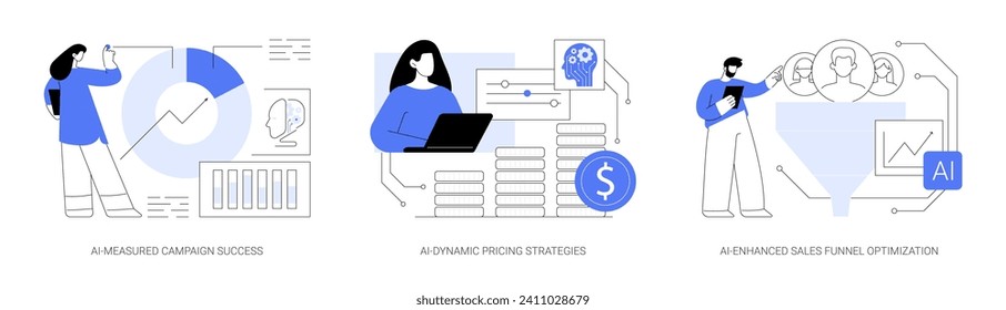 Marketing and Advertising with AI abstract concept vector illustration set. AI-Measured Campaign Success, AI-Dynamic Pricing Strategies, AI-Enhanced Sales Funnel Optimization abstract metaphor.