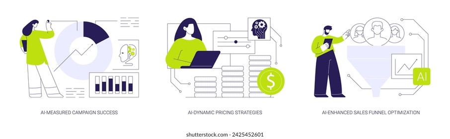 Marketing and Advertising with AI abstract concept vector illustration set. AI-Measured Campaign Success, AI-Dynamic Pricing Strategies, AI-Enhanced Sales Funnel Optimization abstract metaphor.