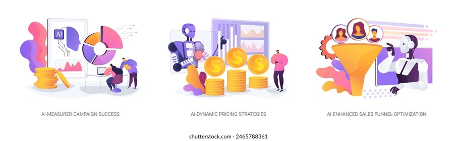 Marketing and Advertising with AI abstract concept vector illustration set. AI-Measured Campaign Success, AI-Dynamic Pricing Strategies, AI-Enhanced Sales Funnel Optimization abstract metaphor.