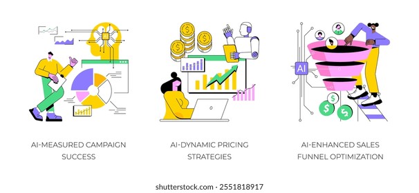 Marketing and Advertising with AI abstract concept vector illustration set. AI-Measured Campaign Success, AI-Dynamic Pricing Strategies, AI-Enhanced Sales Funnel Optimization abstract metaphor.