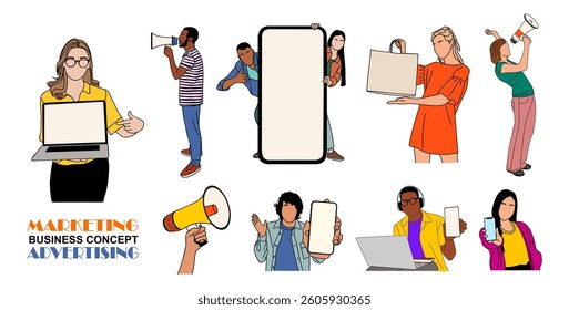 Marketing and advertising business concept illustrations. Set of illustrations of men and women presenting goods. Modern vector simple outline drawing for graphic, web design on white background.