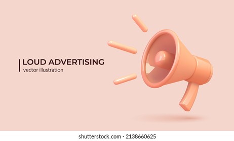 Marketing or advertising concept, 3d megaphone loudspeaker in realistic cute cartoon style. Vector illustration