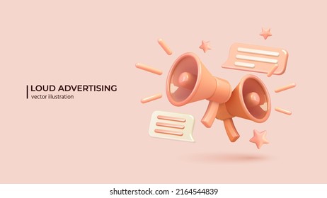 Marketing or advertising concept, 3d megaphone loudspeaker in realistic cute cartoon style. Vector illustration