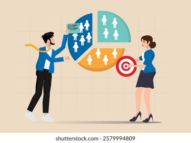 Marketing or advertising concept segment analysis, target audience, consumer or user group, businessman analyzing customer segment pie chart