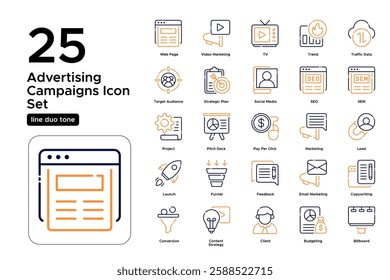 Marketing and Advertising Icons. Campaigns, Audience Targeting, and Social Media. Vector Illustration. Oultine duo tone icon set