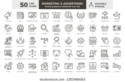 Marketing and advertising line icon set. 50 editable stroke vector graphic elements, Essential brand presence toolkit