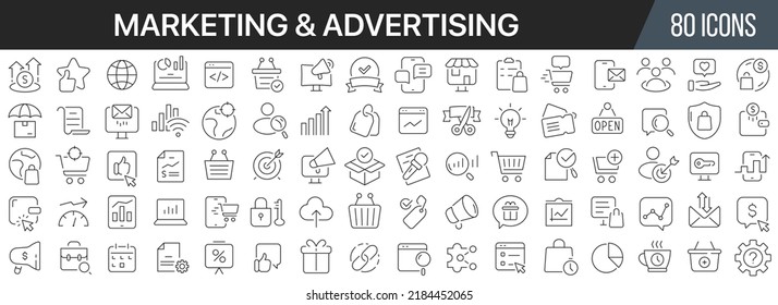 Marketing and advertising line icons collection. Big UI icon set in a flat design. Thin outline icons pack. Vector illustration EPS10