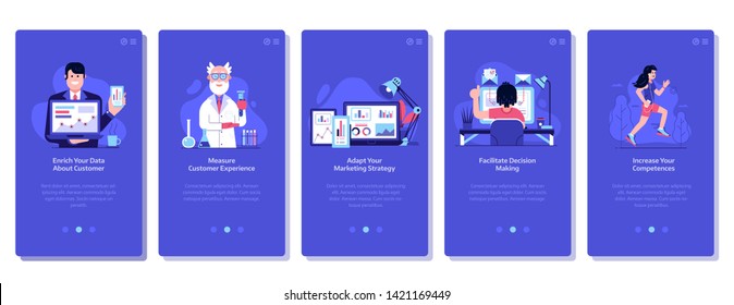 Marketing and advertising mobile app UI illustrations. Customer experience and relationship management, marketing strategy and decision making concepts for online business and social media.