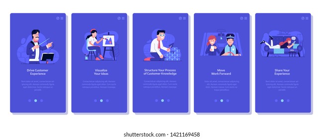 Marketing and advertising mobile app UI illustrations. Customer experience and relationship management, marketing strategy and decision making concepts for online business and social media.