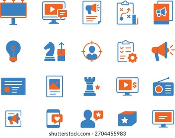 Conjunto de iconos sólidos de marketing y publicidad aislados sobre fondo blanco concepto de solución de marketing digital y negocios