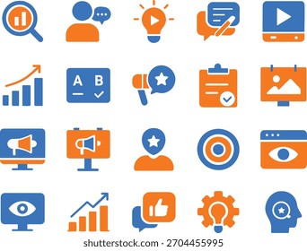 Marketing e publicidade ícones sólidos conjunto isolado no fundo branco digital marketing e conceito de solução de negócios