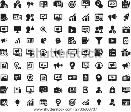 Marketing and advertising solid icons set for digital campaigns and business strategy