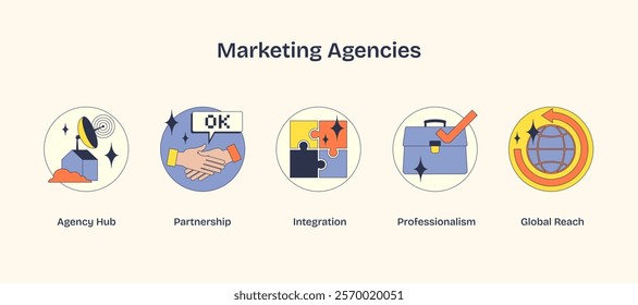 Marketing Agencies icons show agency hub, partnership, integration, professionalism, and global reach. Neubrutalism style