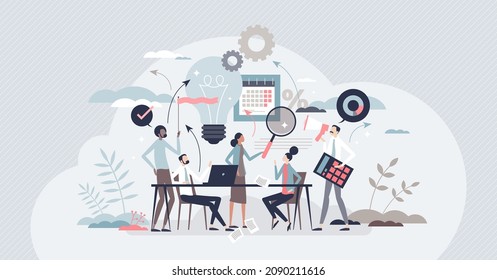 Marketing agency with advertisement and content creation tiny person concept. Teamwork brainstorming process and client ads campaign for social media vector illustration. Company identity searching.