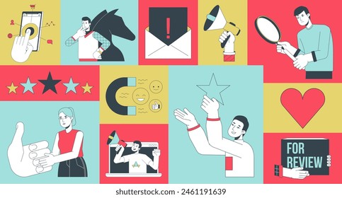 Marketing agency bento grid illustration set. Customer engagement 2D vector image collage design graphics collection. Campaign promotion. Sale marketers diverse people flat characters moodboard layout