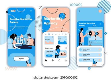 Marketing agency concept onboarding screens for mobile app templates. Advertising campaign and business promotion. UI, UX, GUI user interface kit with people scenes for web design. Vector illustration