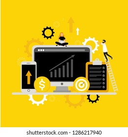 Marketing agency. Financial service.  Modern flat concept for web design. Vector illustration with desktop computer, smartphone, people, credit card and coins. Business strategy. Development.