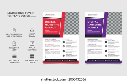 marketing agency flyer template design, an image can be placed. two color variation | professional color looking, eye catchy. vector a4 size, eps 10 version.