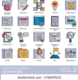 Marketing agency icons including contextual advertising, copywriting, media planning, branding, graphic design, UI UX, web development, mobile application, responsive, interactive solution, e-commerce