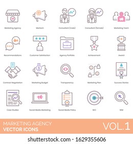 Marketing Agency Icons Including Martech, Consultant, Team, Customer Satisfaction, Portfolio, Achievement, Award, Contract Negotiation, Budget, Transparency, Case Study, Social Media Policy, SEO, SEM.