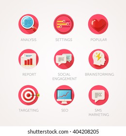 Marketing agency icons set. Modern flat colored illustrations. Web industry objects, business, office and marketing items related icons. Vector collection with long shadow in stylish colors. 