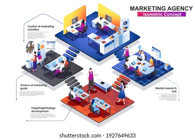 Marketing agency interior isometric concept. Scenes of market research, targeting, strategy develop, choice goals. People characters work at different department. Vector flat illustration in 3d design