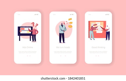 Marketing Agency Mobile App Page Onboard Screen Template. Characters Sticking Advertising on Wall, HR Agent Yelling in Megaphone, Online Ad, Announcement Concept. Cartoon People Vector Illustration