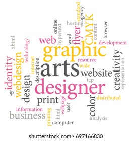 Marketing agency services or graphic designer job. Sunny colors vector word cloud.