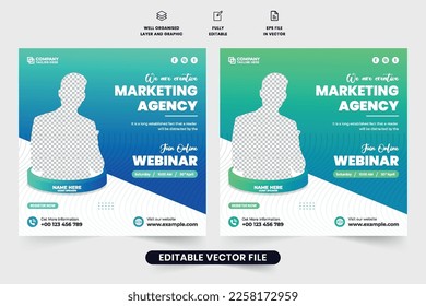 Plantilla de publicación de publicaciones en redes sociales de la agencia de marketing para la promoción. Invitación a conferencias en línea y diseño de seminarios web con colores azul y verde. Afiche del seminario web de Office con marcadores de foto.