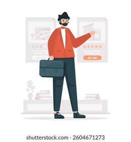 Marketing agent showing house for sale, Realtor real estate business selling houses, Vector illustration