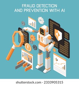 Marketing AI technologies isometric and colored concept with fraud detection and prevention with ai headline vector illustration