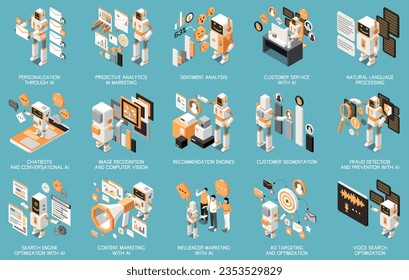 Marketing AI technologies isometric icon set with personalization throught customer service natural language processing chatbots recommendation engines and other descriptions vector illustration