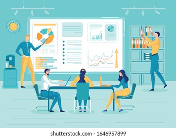 Marketing Analysis Company Department or Division Presentation in Office. Businesspeople Cartoon Characters Study Charts with Sales and Income Statistics Indicators. Flat Vector Illustration.