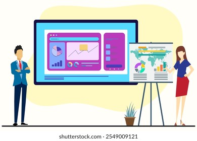Marketing analysis concept. Businesman stand on front screen to analyze business project with the woman is explaining growth of global business. project presentation, company strategy planning. 