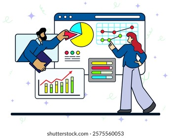 Marketing analysis concept. Girl and man co-wokers analyze information received on big screen. Business presentation, market research, financial growth. Cartoon flat vector illustration. 