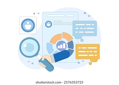 Marketing analysis and development concept. Participate in business activities. Magnifying glass, zoom, customer reviews. Know your customers. Business statistics graph.flat vector illustration.
