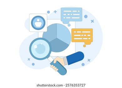 Marketing analysis and development concept. Participate in business activities. Magnifying glass, zoom, customer reviews. Know your customers. Business statistics graph.flat vector illustration.