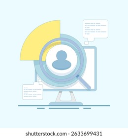 Marketing analysis and development concepts. Getting to know customers better. Using a magnifying glass to view customer reviews. Business statistical graph analysis.
