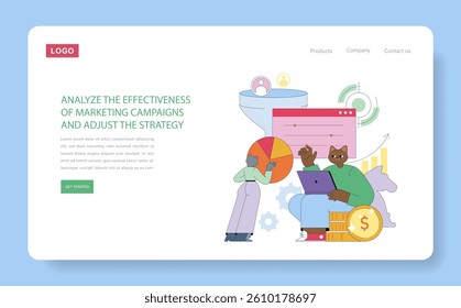 Marketing analysis and strategy adjustment process illustrated through visual elements like charts and data analysis tools. It captures the significance of evaluating campaign effectiveness in a