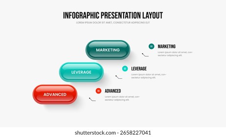 Análisis de marketing Plantilla de presentación de diapositivas de infografía de tres elementos. Ilustración vectorial de diseño de presentación de Business Overview. Rendimiento de ventas Diseño de marco de diagrama de 3 pasos.