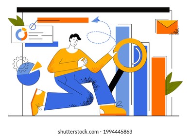 Marketing analysis tools web concept. Marketer analyzes business statistics, conducts market research, advertising campaign, promotion. Vector illustration for web page template in flat line design