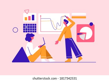 Analistas de marketing desarrollando estrategia. Ilustración minimalista vectorial moderna. Concepto de medios sociales.