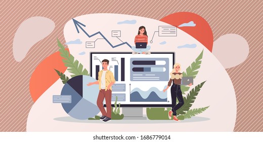 Marketing analysts developing strategy vector illustration. Office staff studying infographics on dashboard. Marketing specialist making research and analyzing business data.