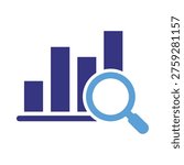 Marketing analytics concept with bar chart and magnifying glass on laptop symbolizing data analysis and insights for business strategy and optimization