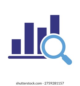 Marketing analytics concept with bar chart and magnifying glass on laptop symbolizing data analysis and insights for business strategy and optimization