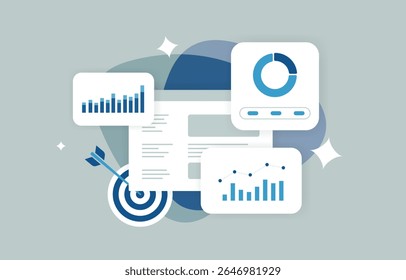 Painel de análise de marketing com gráficos de desempenho, métricas de conversão e relatórios de campanha. Análise de marketing digital para rastrear resultados com a ilustração de vetor do painel de análise de marketing