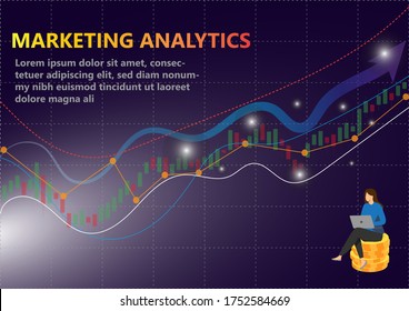marketing analytics with graph, trends and candlestick vector illustration