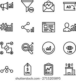 Conjunto de Ícones de Análise de Marketing - Ilustração de Vetor de Publicidade, Símbolos de Estrutura de Tópicos de Campanha de Funil.eps
