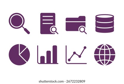 Marketing- und Analysesymbole - Balkendiagramm, Tortendiagramm, Liniendiagramm, Global - violetter Farbfüllungsstil