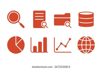 Iconos de marketing y análisis: gráfico de barras, gráfico circular, gráfico de líneas, global: estilo de relleno de color naranja